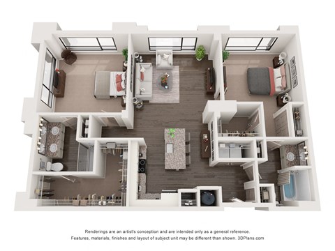 3D floor plan of 2-bed 1,306 sq ft at the augustan in augusta